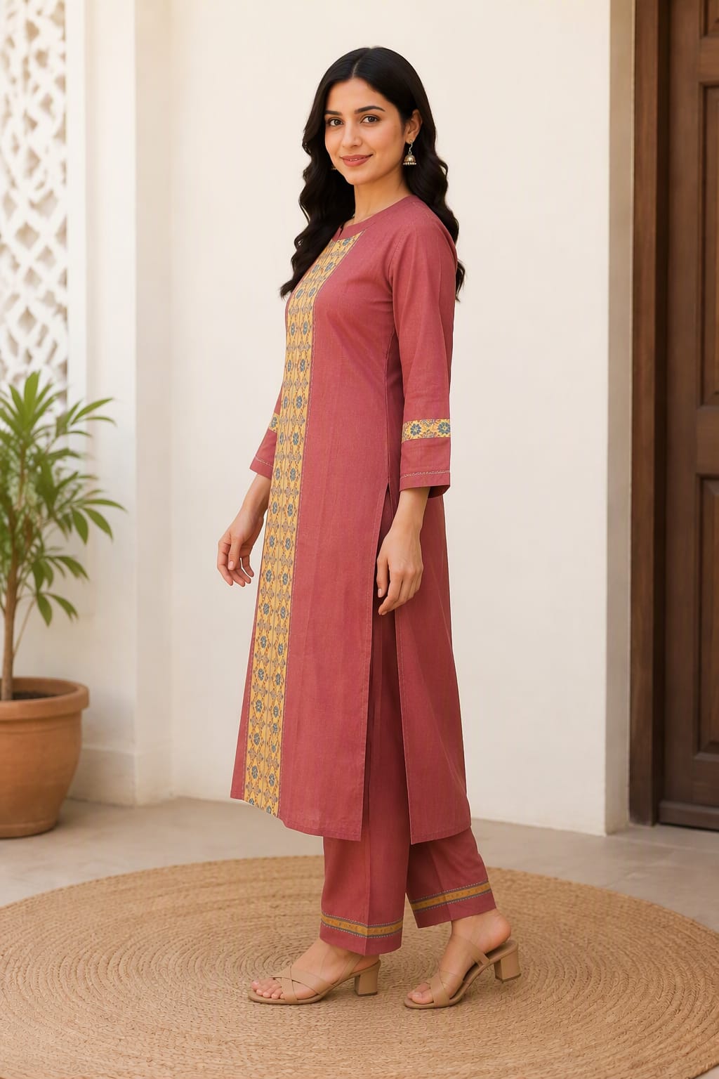 Dusty Rose & Ochre Floral Yoke Slit-Neck Kurta with matching Trousers & lining worked Dupatta