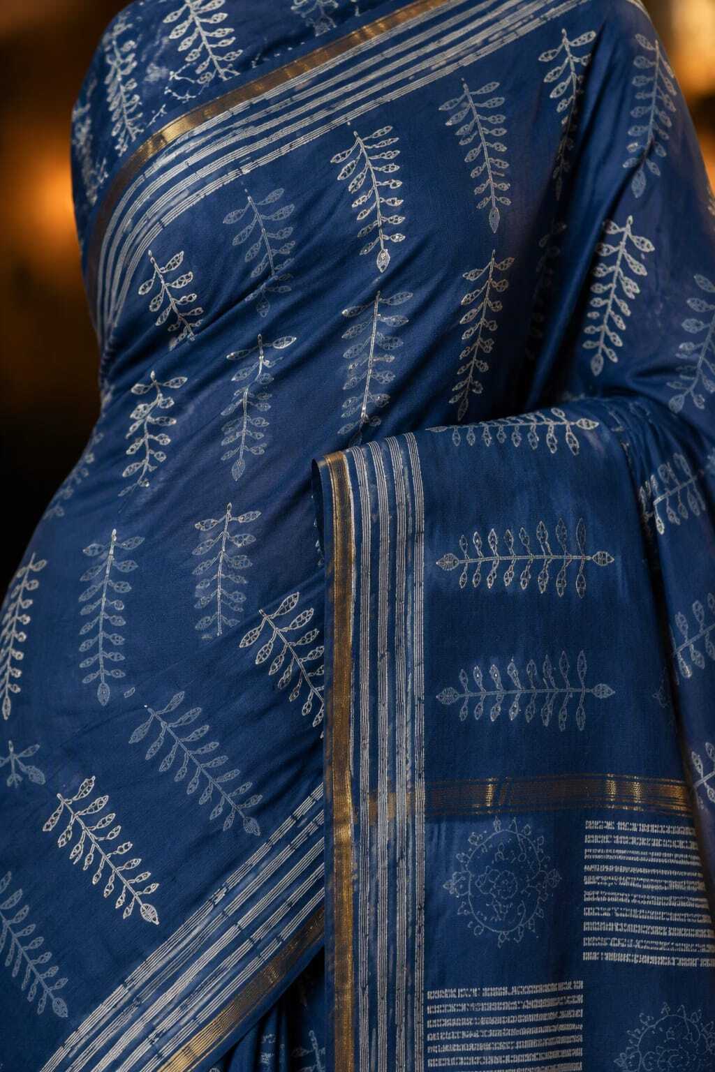 INDIGO BLUE BAGRU PRINTED ZARI BORDER COTTON SAREE