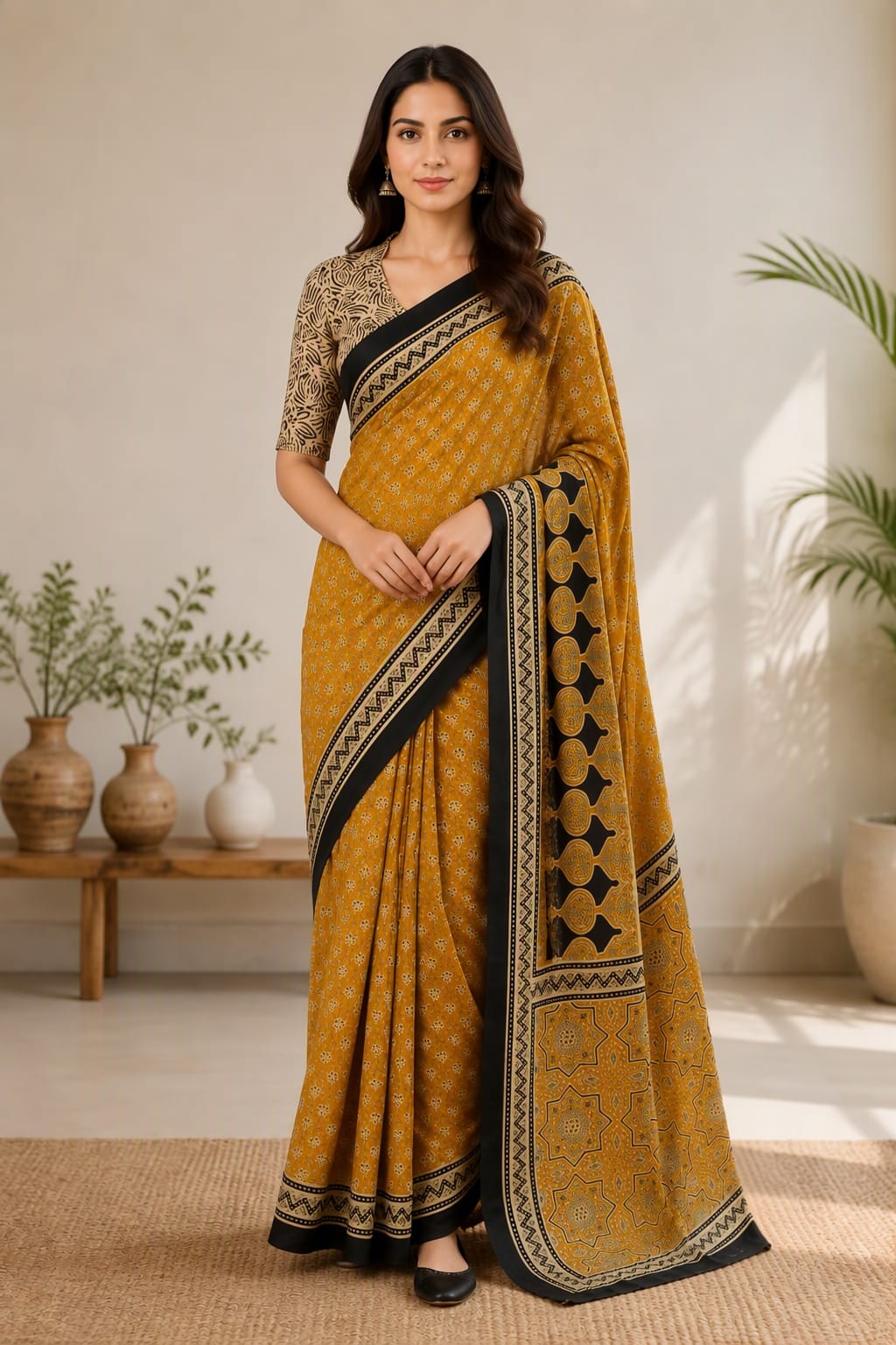 YELLOW BAGRU PRINTED ZARI BORDER COTTON SAREE