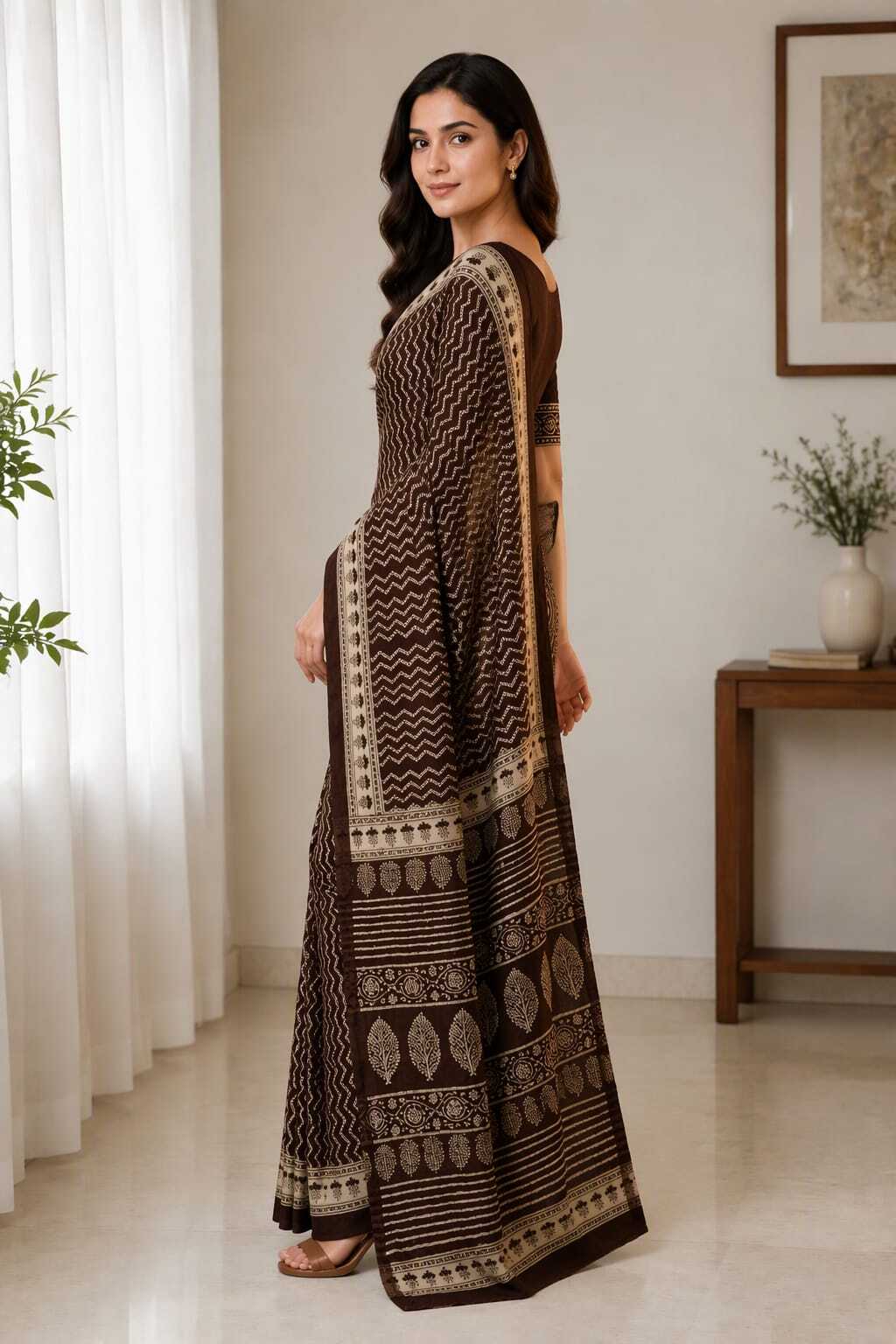 DARK BROWN BAGRU HAND PRINTED COTTON LINEN ZARI BORDER SAREE