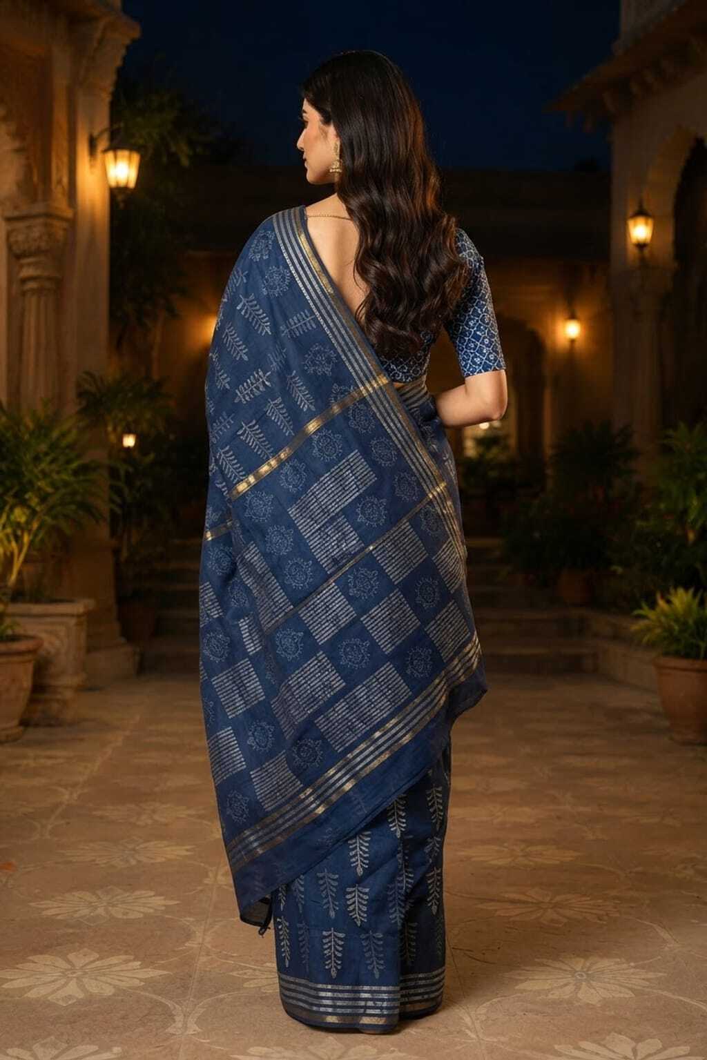 INDIGO BLUE BAGRU PRINTED ZARI BORDER COTTON SAREE