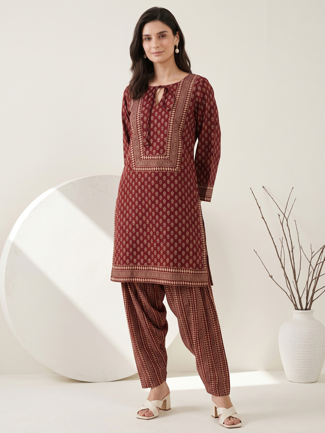 Black Ethnic Cotton Kurta Set with Lace-trimmed Trousers & Printed Dupatta