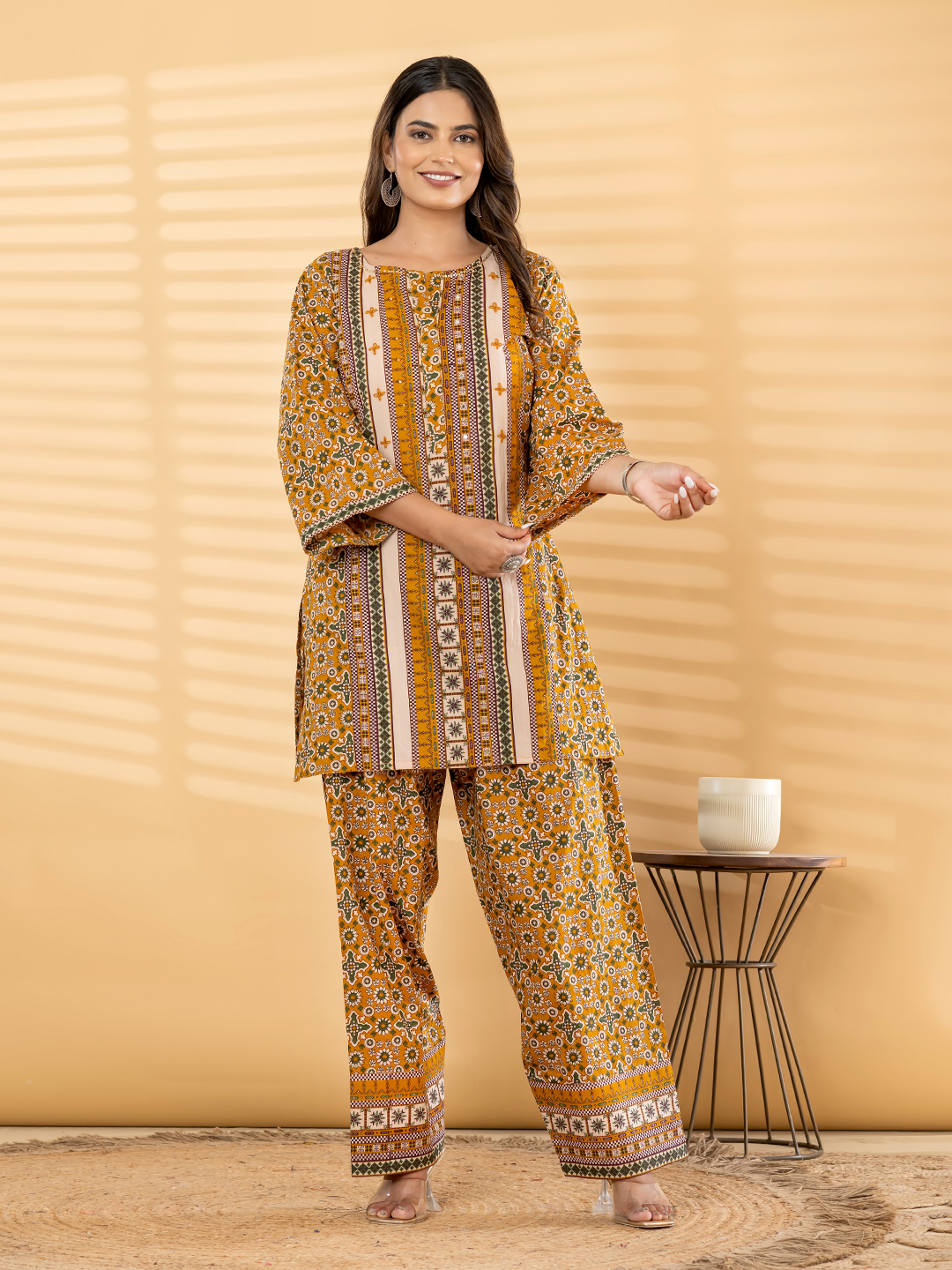 Mustard & Green Ethnic Printed Tunic Set with Mirror/Embroidery Accent Panel