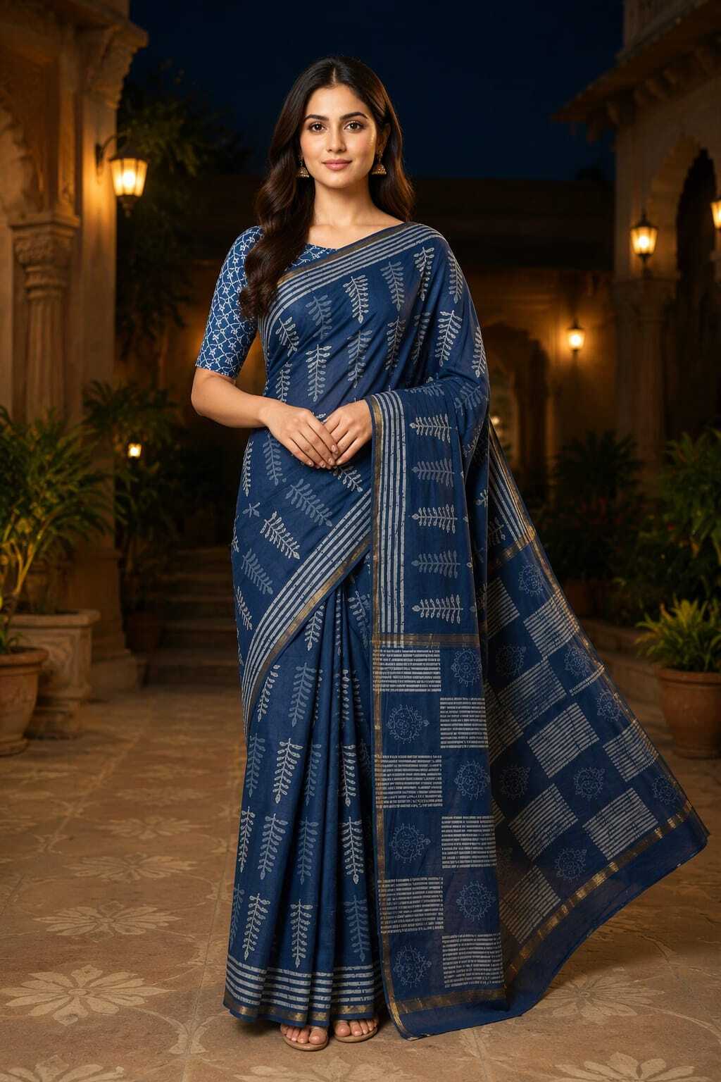 INDIGO BLUE BAGRU PRINTED ZARI BORDER COTTON SAREE