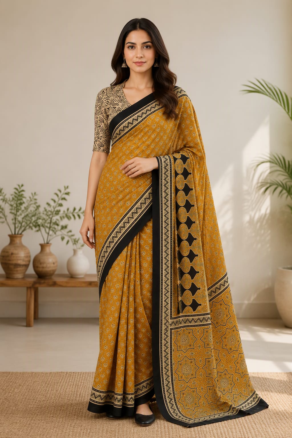 YELLOW BAGRU PRINTED ZARI BORDER COTTON SAREE