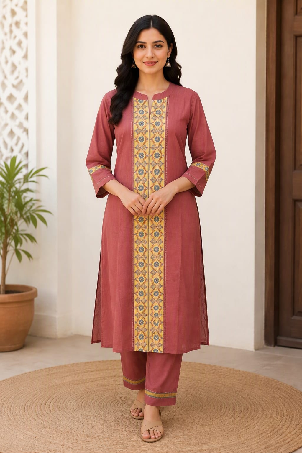 Dusty Rose & Ochre Floral Yoke Slit-Neck Kurta with matching Trousers & lining worked Dupatta