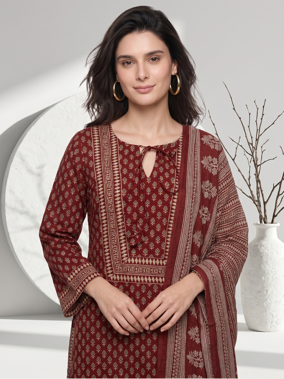 Black Ethnic Cotton Kurta Set with Lace-trimmed Trousers & Printed Dupatta