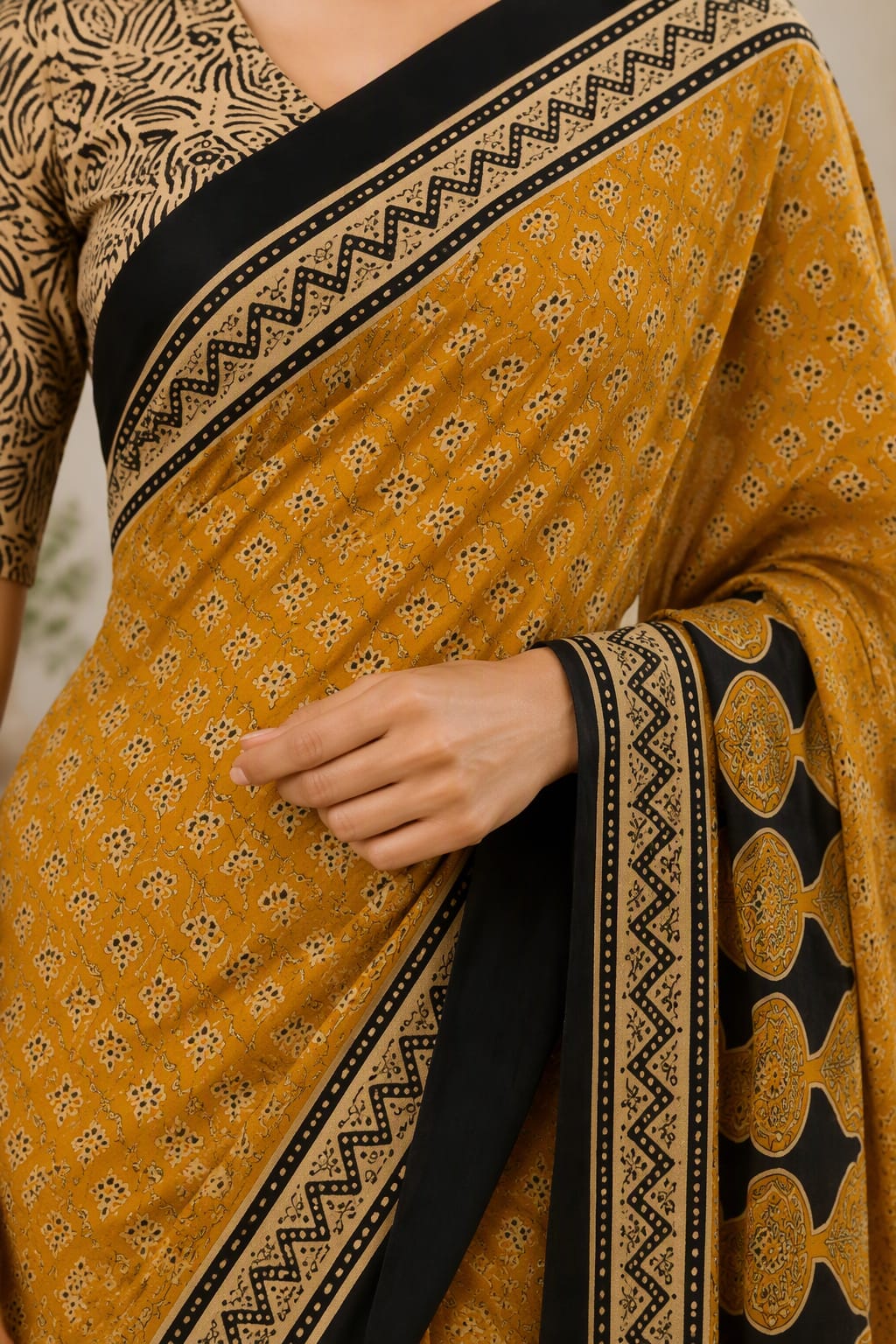 YELLOW BAGRU PRINTED ZARI BORDER COTTON SAREE