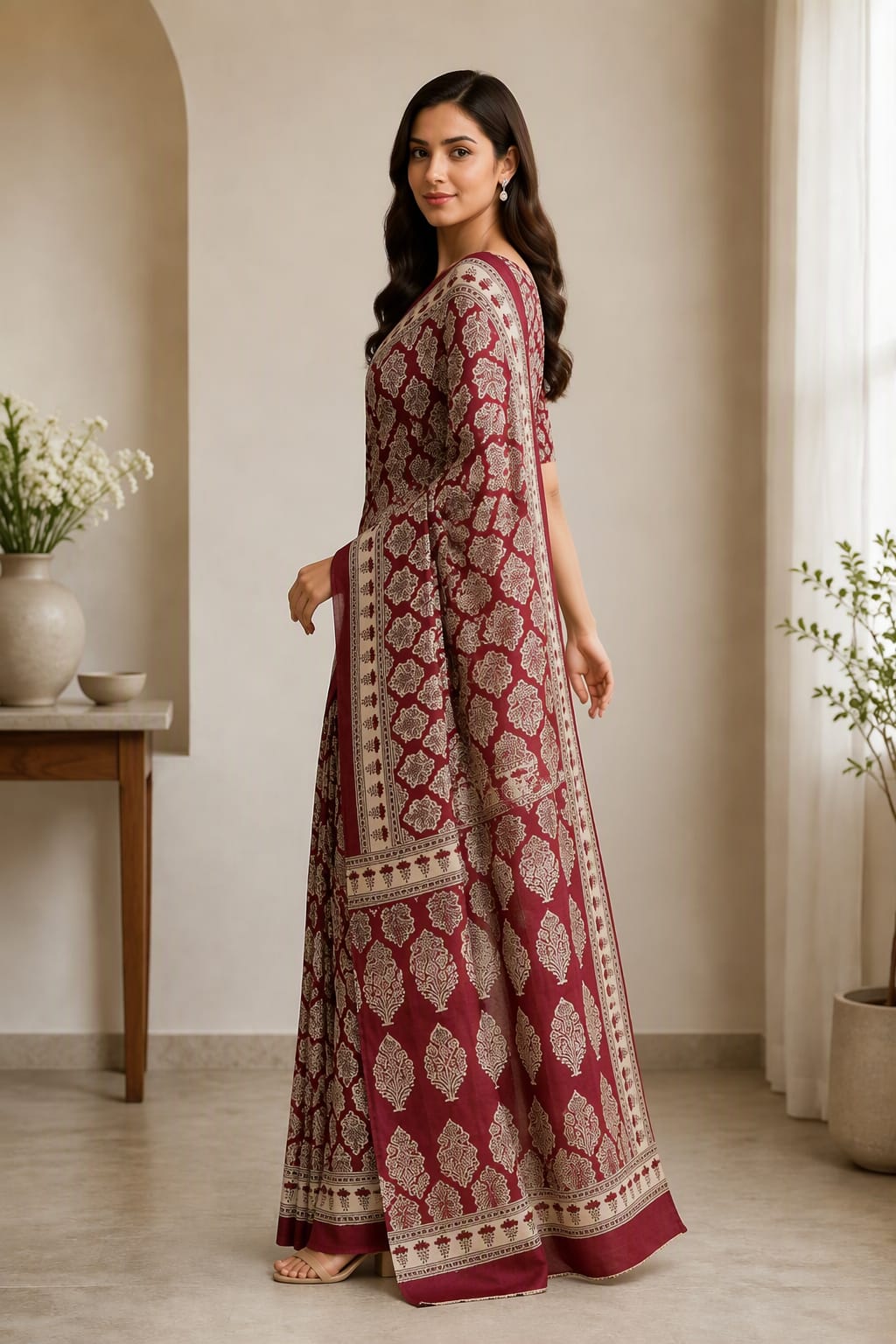 MAROON BAGRU PRINTED ZARI BORDER COTTON SAREE