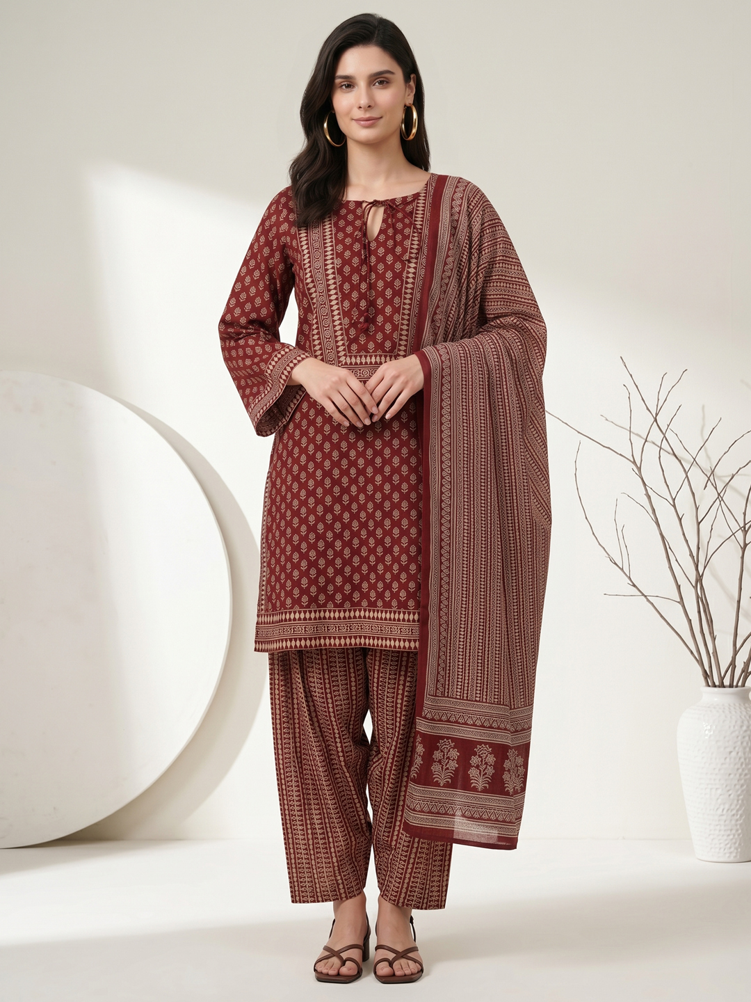 Black Ethnic Cotton Kurta Set with Lace-trimmed Trousers & Printed Dupatta