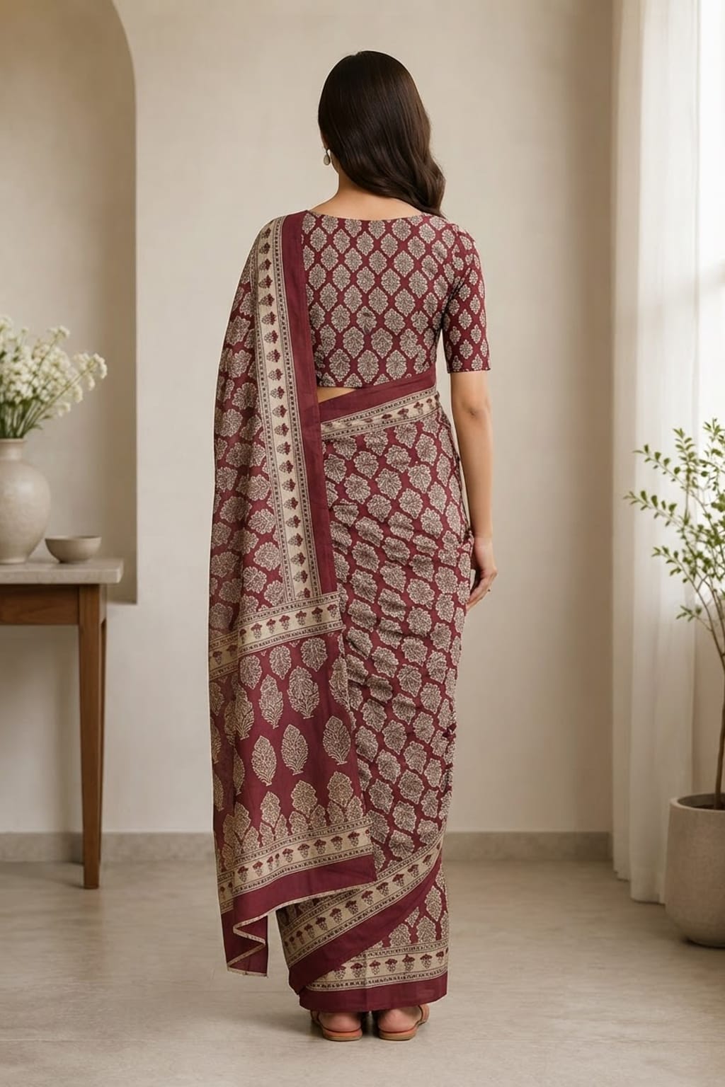 MAROON BAGRU PRINTED ZARI BORDER COTTON SAREE