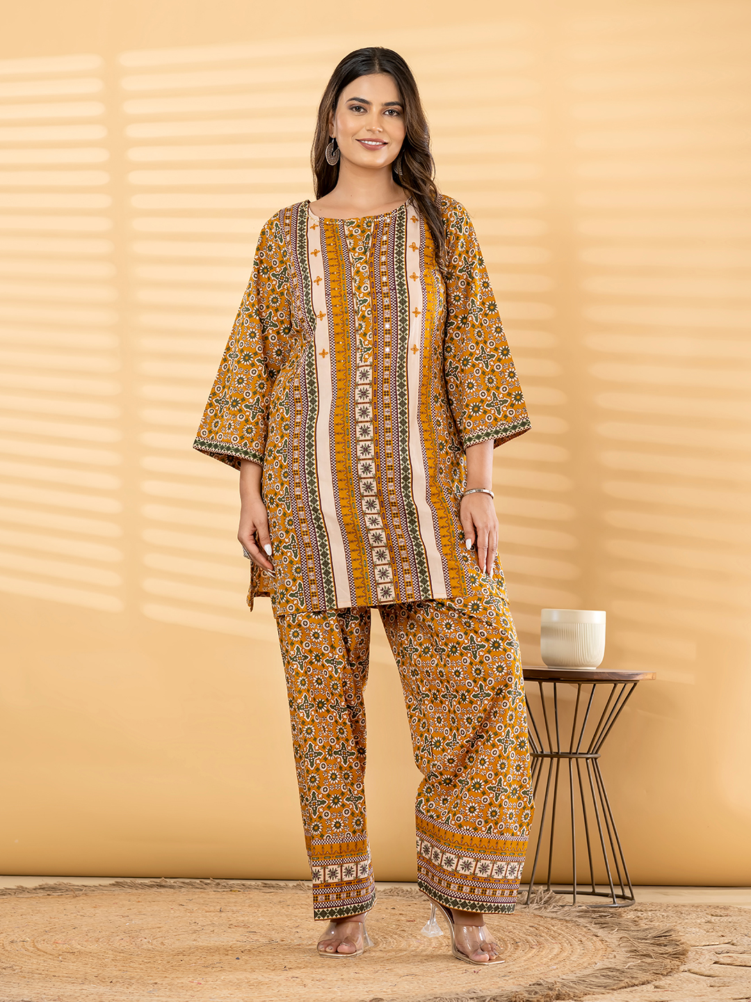 Mustard & Green Ethnic Printed Tunic Set with Mirror/Embroidery Accent Panel