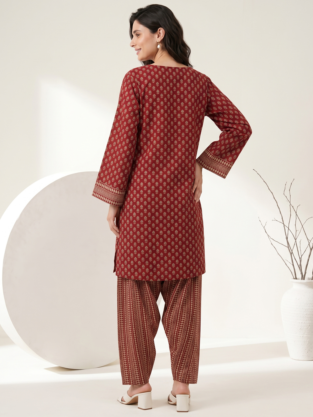 Black Ethnic Cotton Kurta Set with Lace-trimmed Trousers & Printed Dupatta
