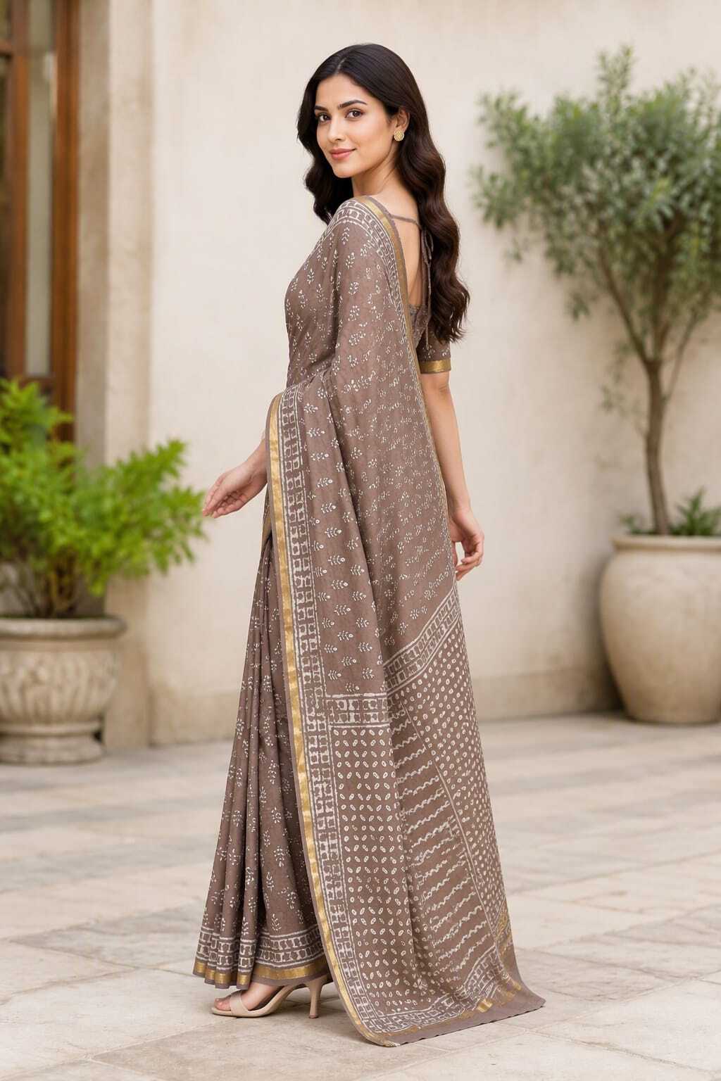 DUSTY BROWN BAGRU HAND PRINTED COTTON ZARI BORDER SAREE