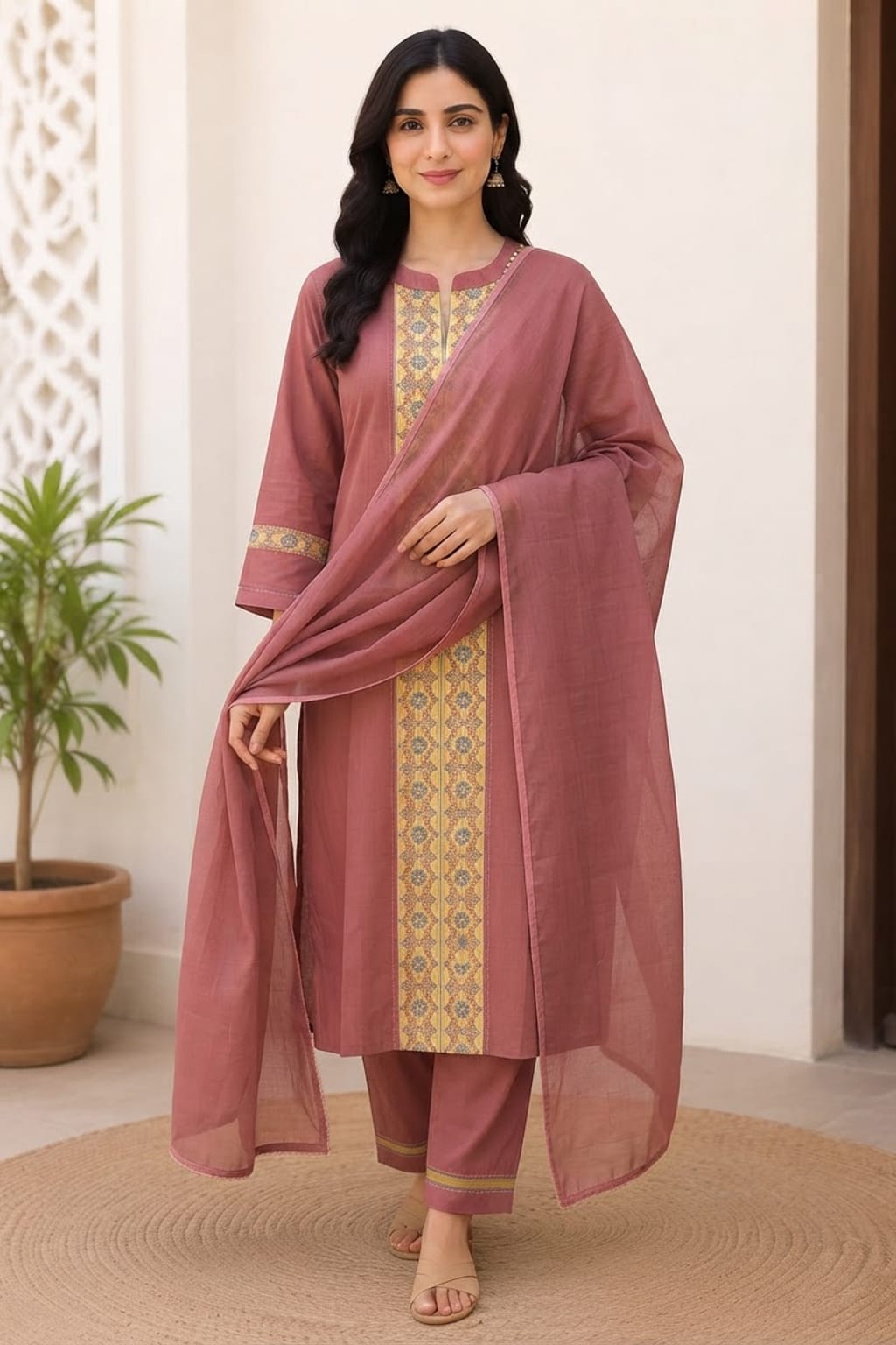 Dusty Rose & Ochre Floral Yoke Slit-Neck Kurta with matching Trousers & lining worked Dupatta